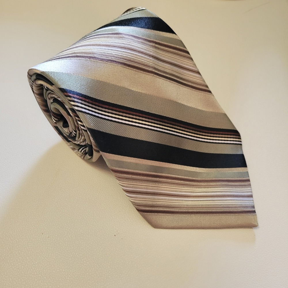 Perry Ellis Portfolio Mens Silk Striped Tie Green Tan‎ Black Beige Classic 58in
